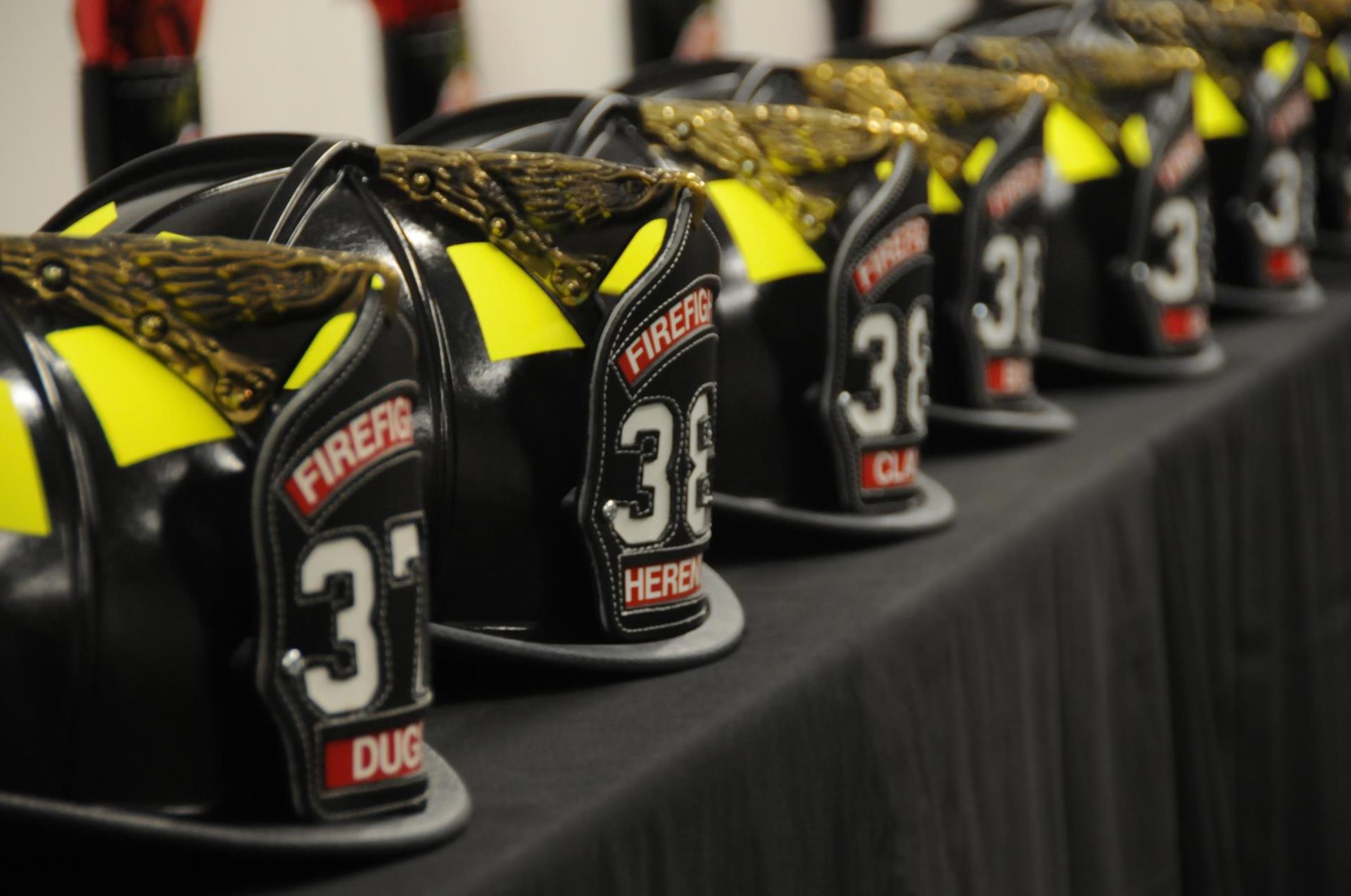 Helmets lined up