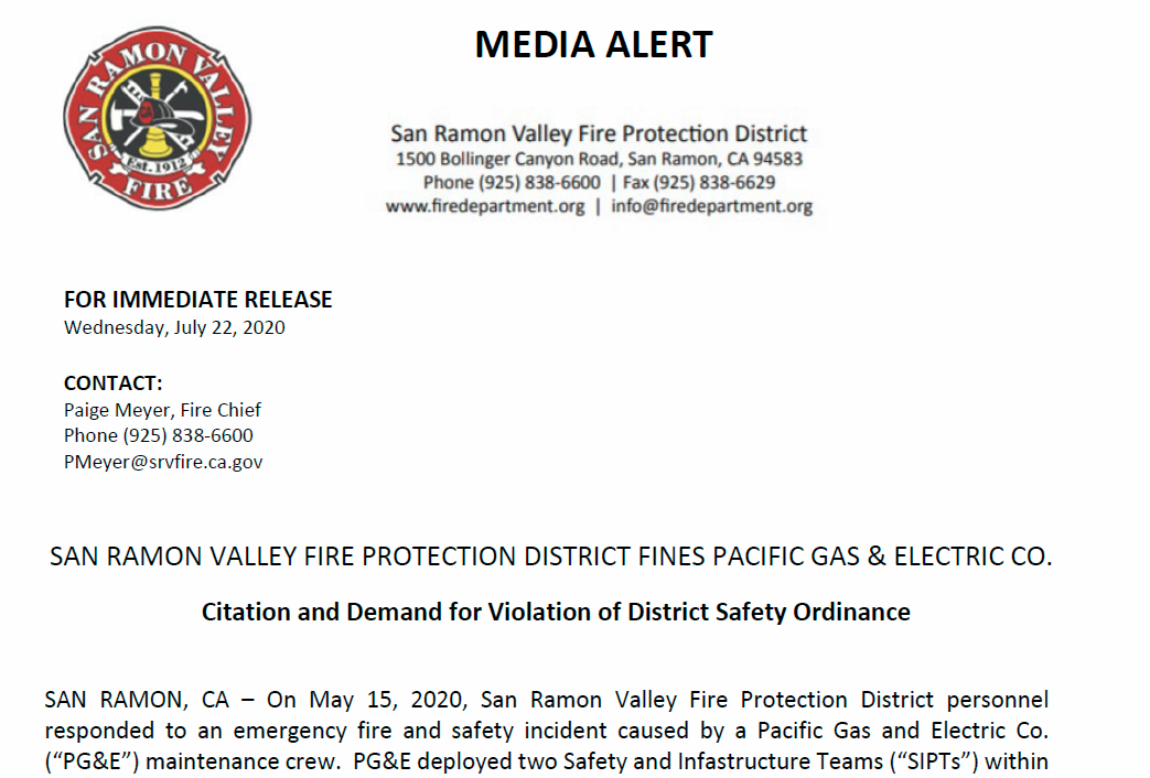 PGE and SRVFPD Press Release